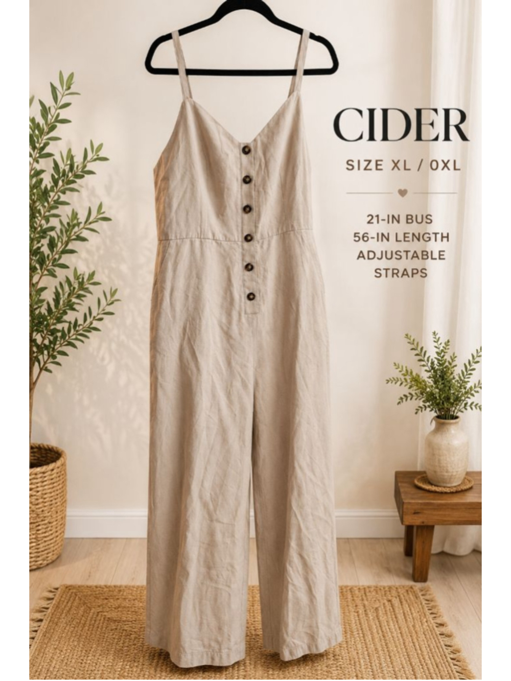 Cider Beige Wide Leg Jumpsuit Button Front Adjustable Straps Pockets Size 0XL